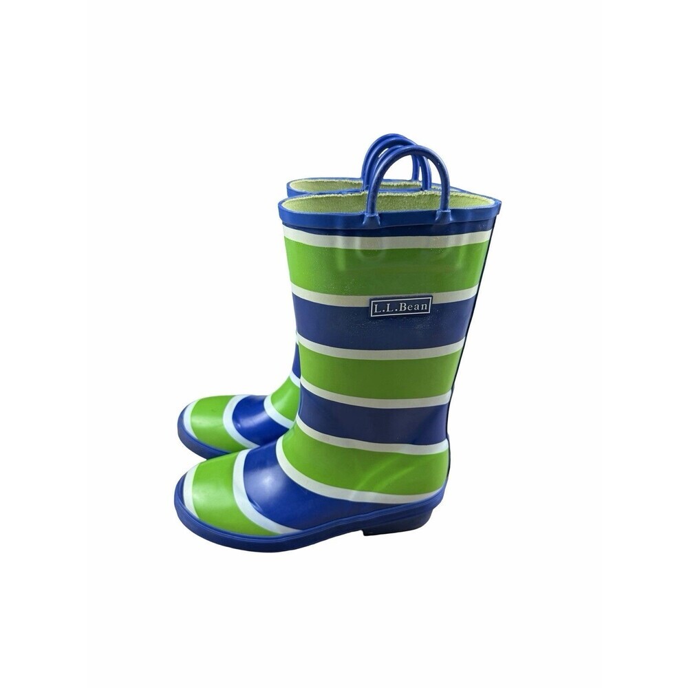 LL Bean Kids Puddle Stompers Rain Boots Size 2 Blue Green Striped Waterproof